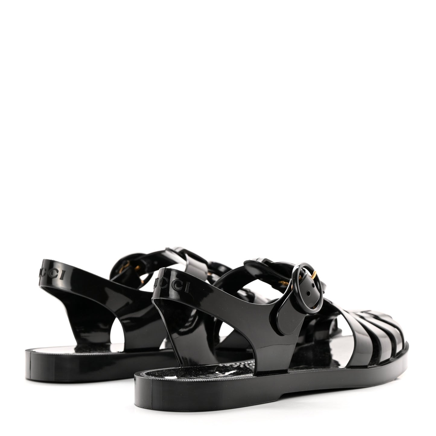 Shiny Rubber Double G Buckle Strap Sandals 36 Black