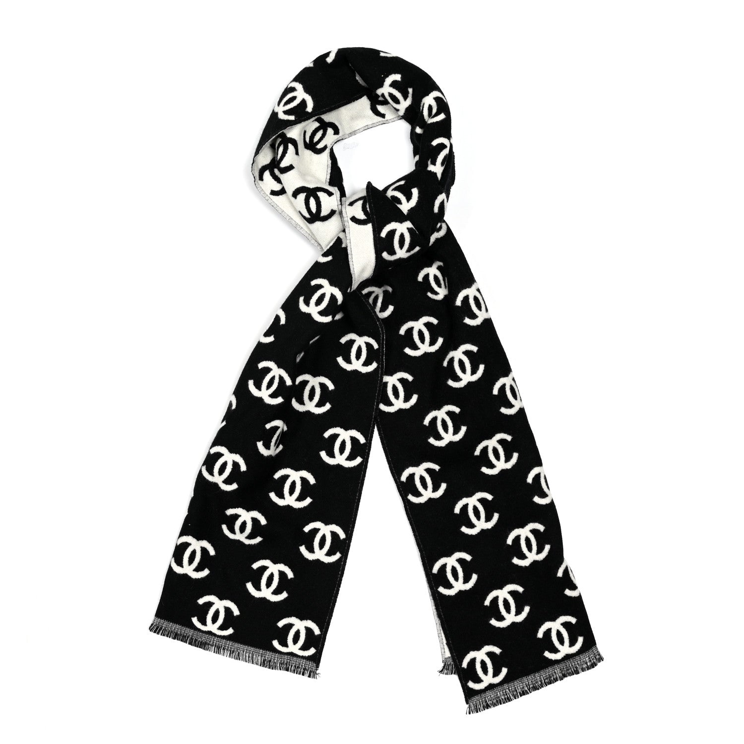 Chanel Wool Cashmere CC Scarf Black White 1 of 3