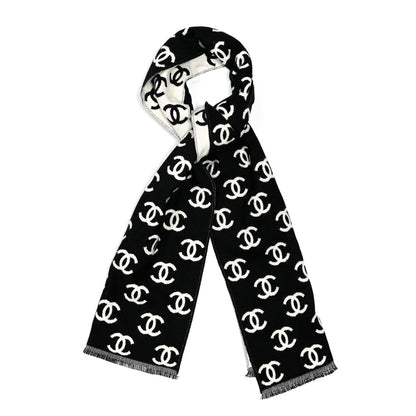 Chanel Wool Cashmere CC Scarf Black White 1 of 3