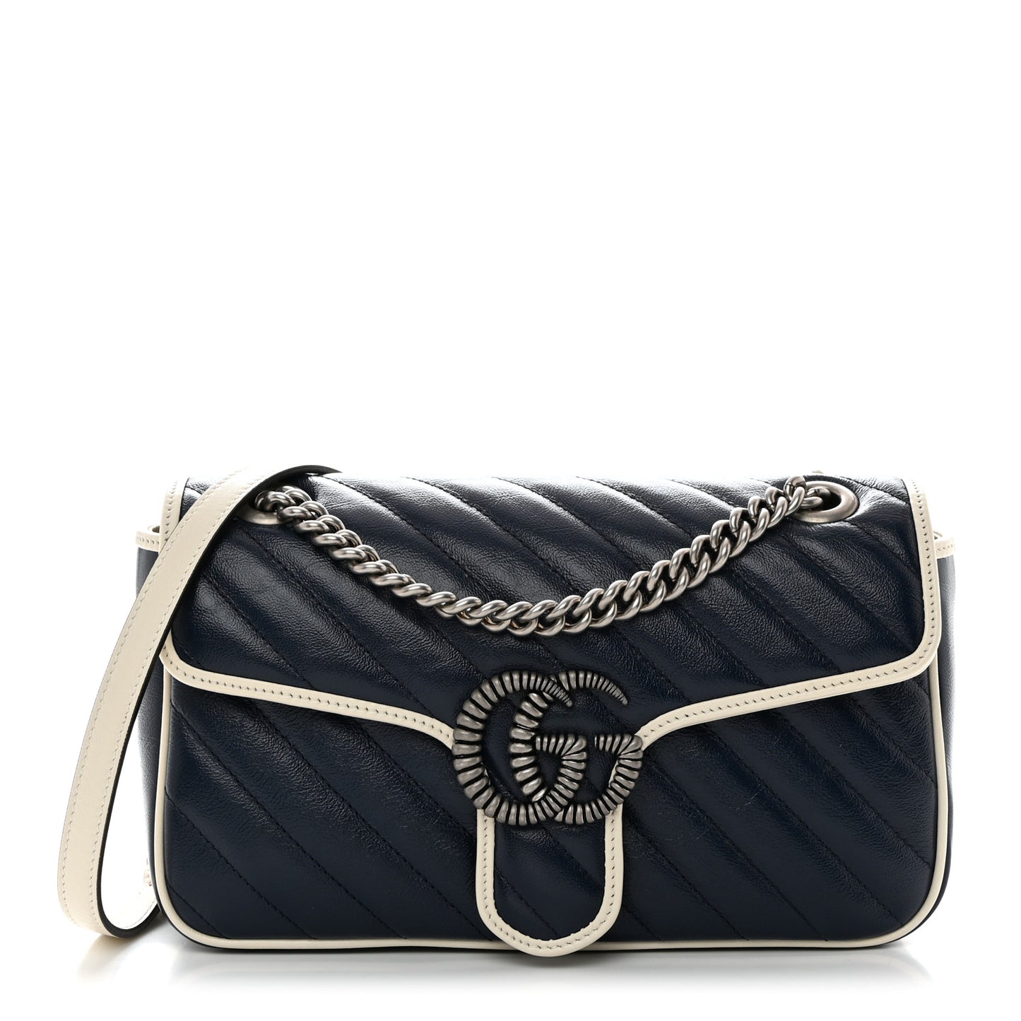 Vintage Effect Calfskin Matelasse Diagonal Small Torchon GG Marmont Shoulder Bag Blue Agata Mystic White