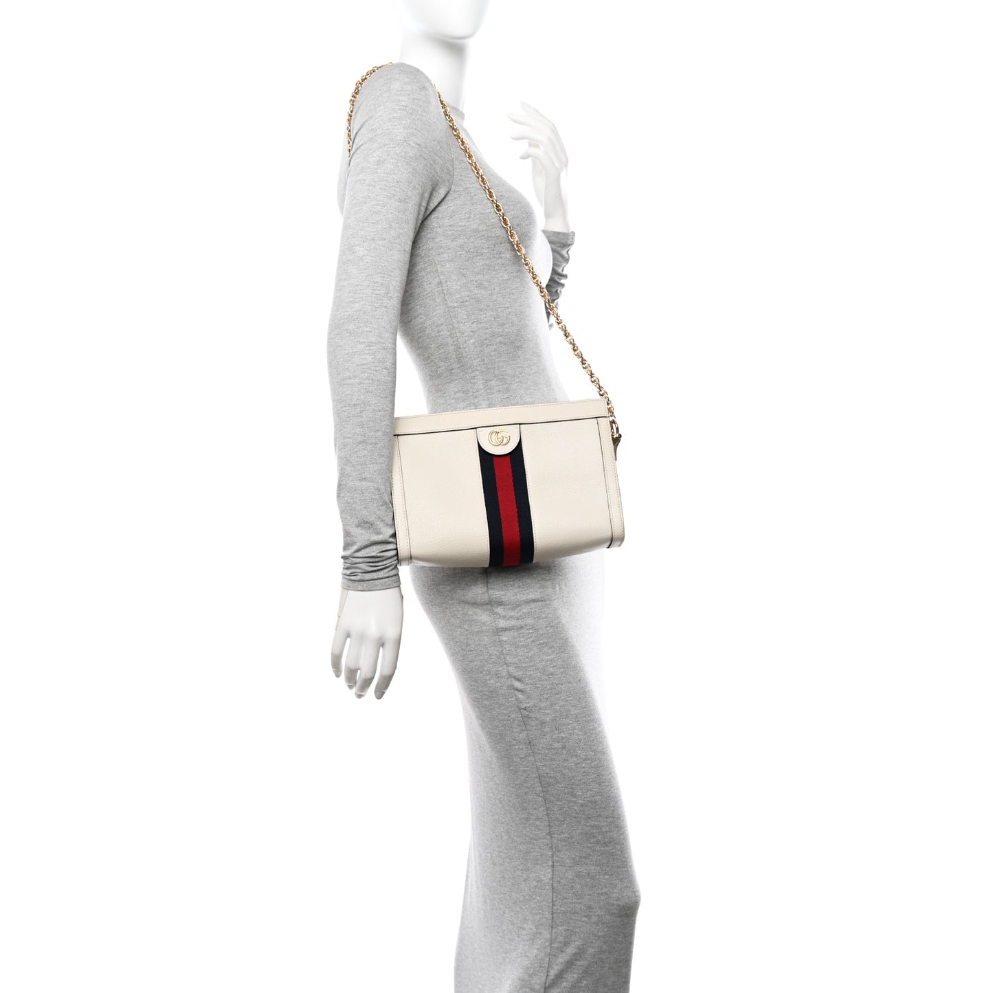 Textured Calfskin Web Small Ophidia Chain Shoulder Bag Mystic White