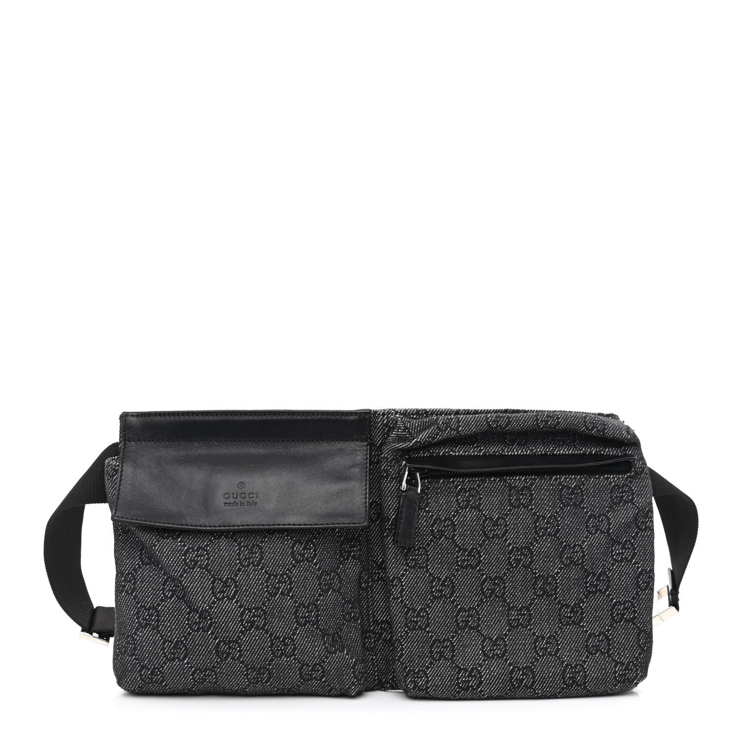 Gucci GG Denim Monogram Double Pocket Belt Bag Black 1 of 11