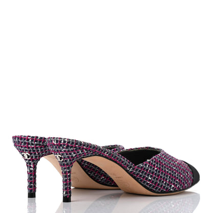 Chanel Tweed Grosgrain CC Mules 36.5 Purple Navy Grey Black 4 of 10