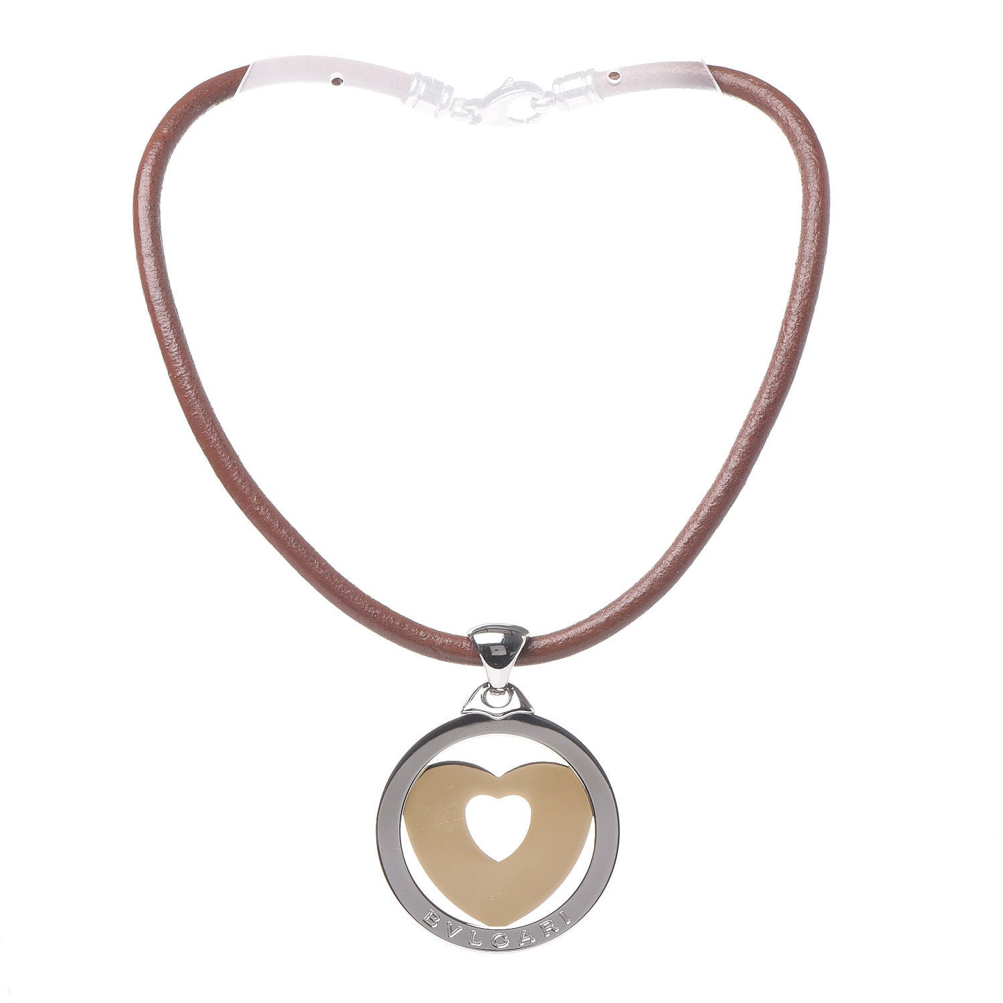 Stainless Steel 18K Yellow Gold Calfskin Tondo Heart Pendant Necklace Brown