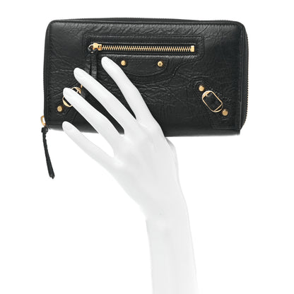 Balenciaga Agneau Classic Gold Hardware Continental Zip Around Wallet Black 2 of 10
