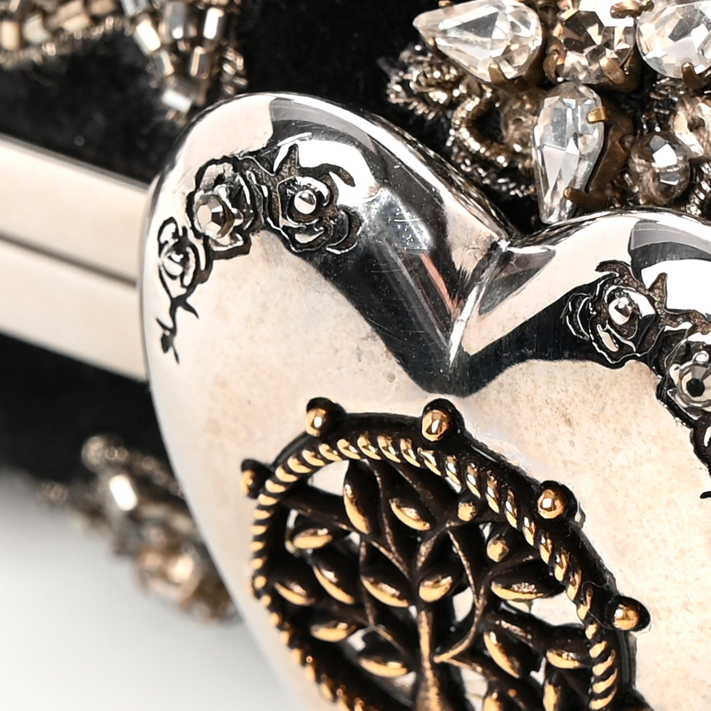 Suede Crystal Heart Chain Box Clutch Black