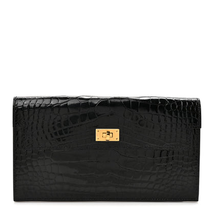Hermes Shiny Alligator Kelly Pocket Long Wallet Black 1 of 9