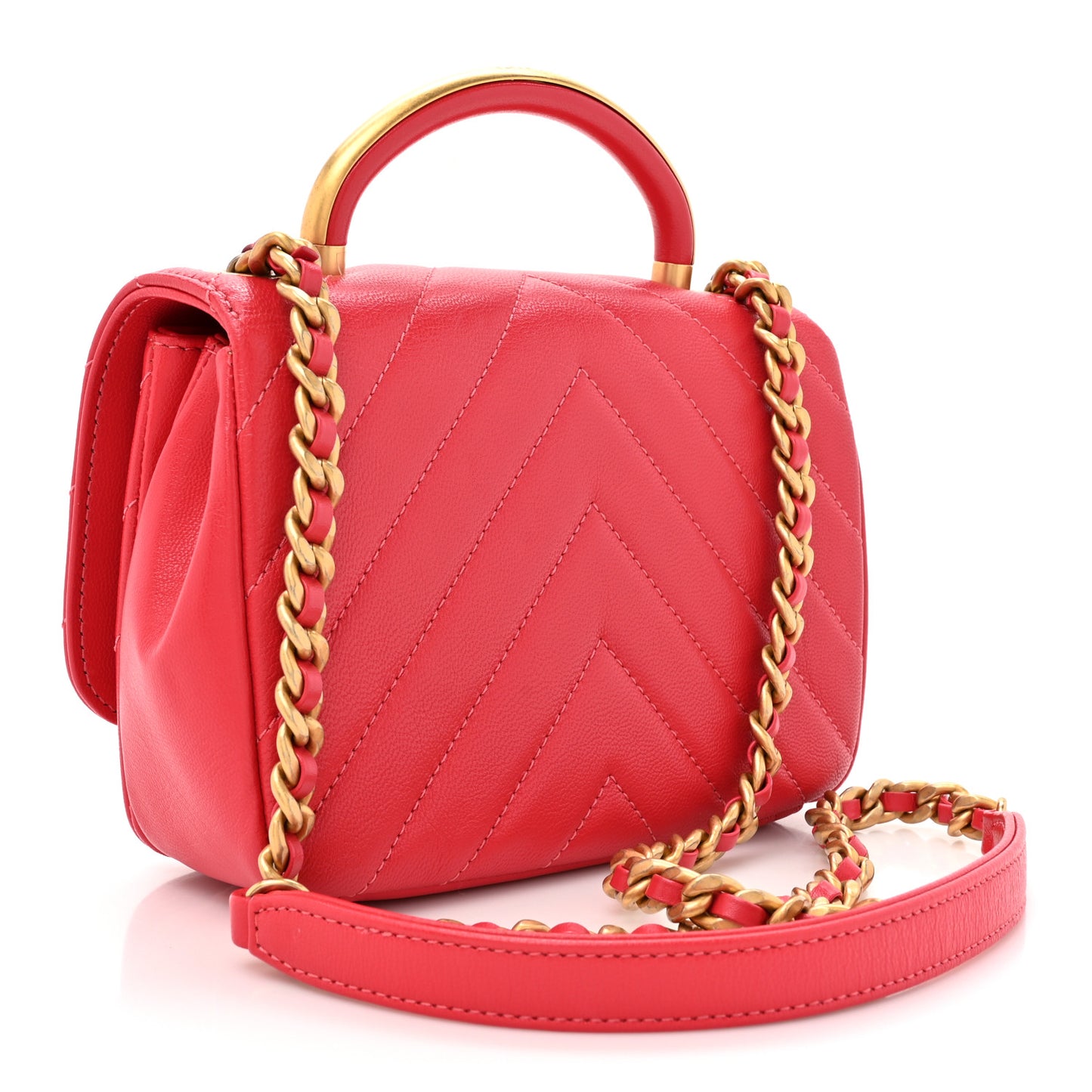 Lambskin Chevron Quilted Gold Top Handle Flap Bag Red