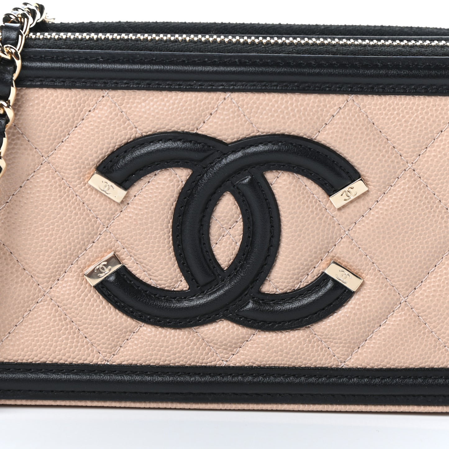 Caviar Quilted CC Filigree Clutch With Chain Beige Black
