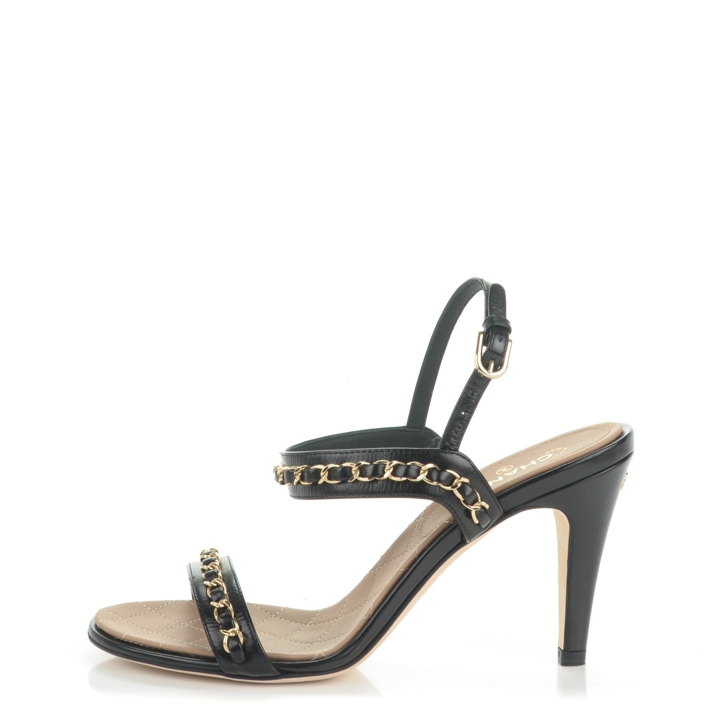 Chanel Crumpled Calfskin Chain Sandals 37.5 Black 1 of 8