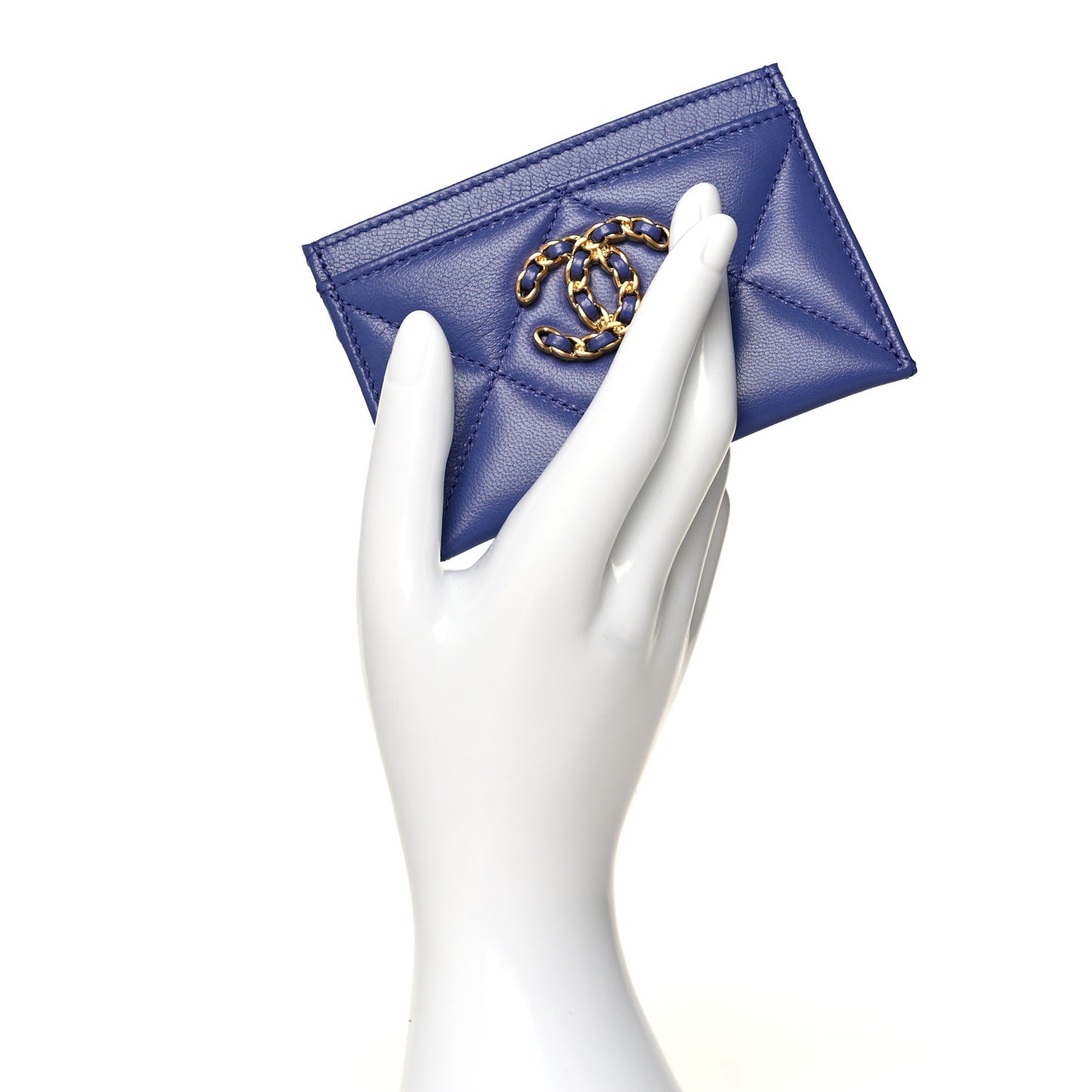 Shiny Goatskin Quilted Chanel 19 Card Holder Blue