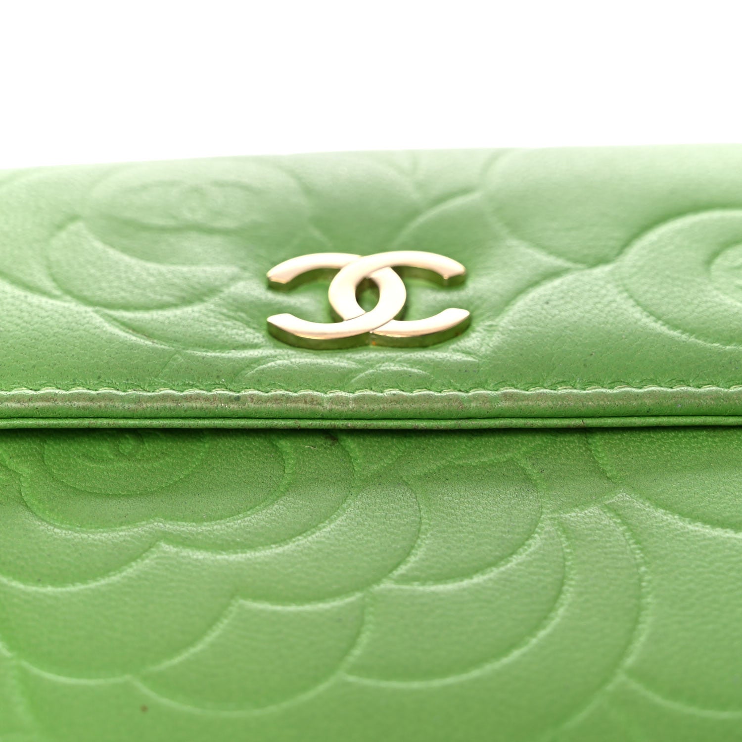 Chanel Lambskin Camellia Embossed Compact French Flap Wallet Green 14 of 21