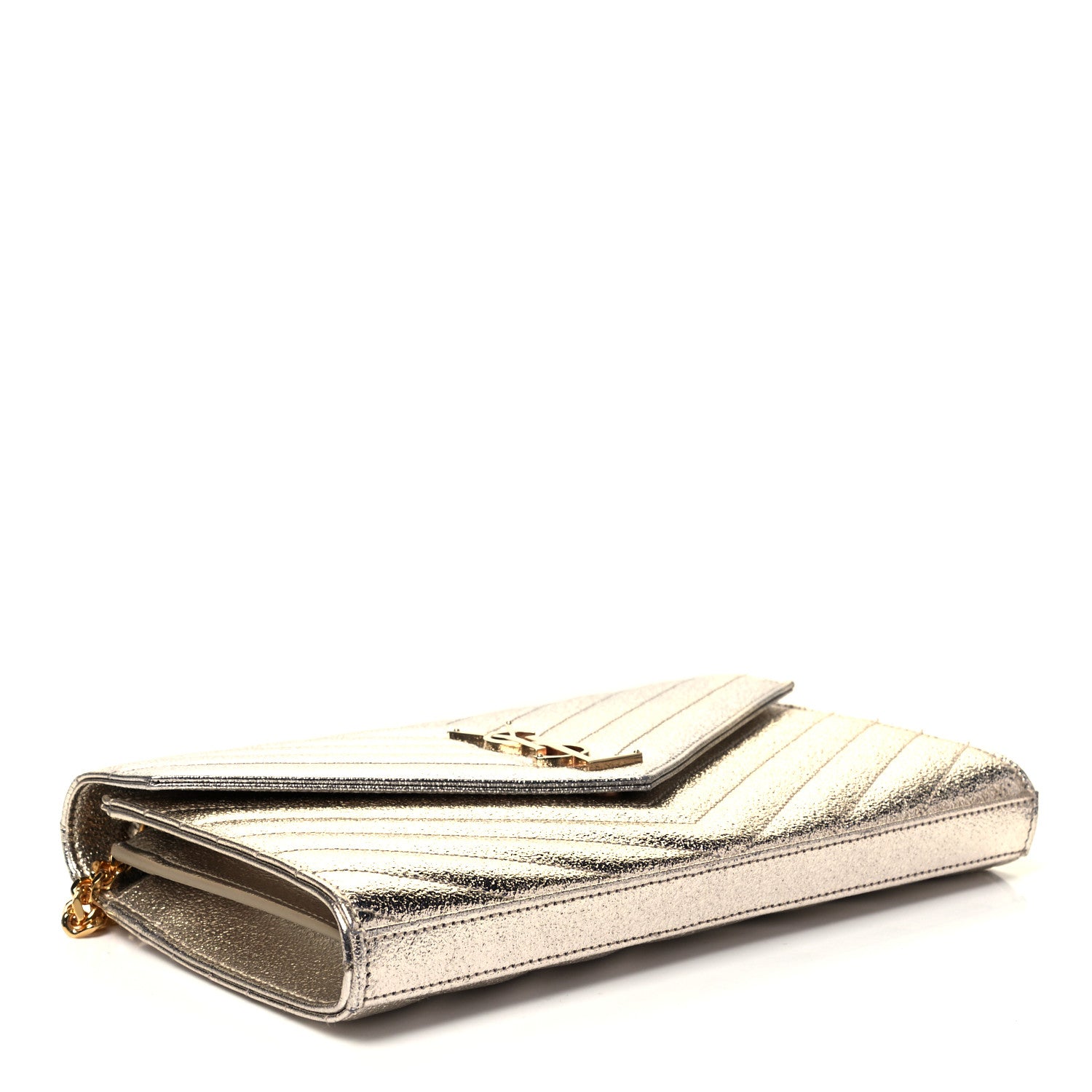 Saint Laurent Metallic Grain De Poudre Matelasse Chevron Monogram Chain Wallet Gold 3 of 8