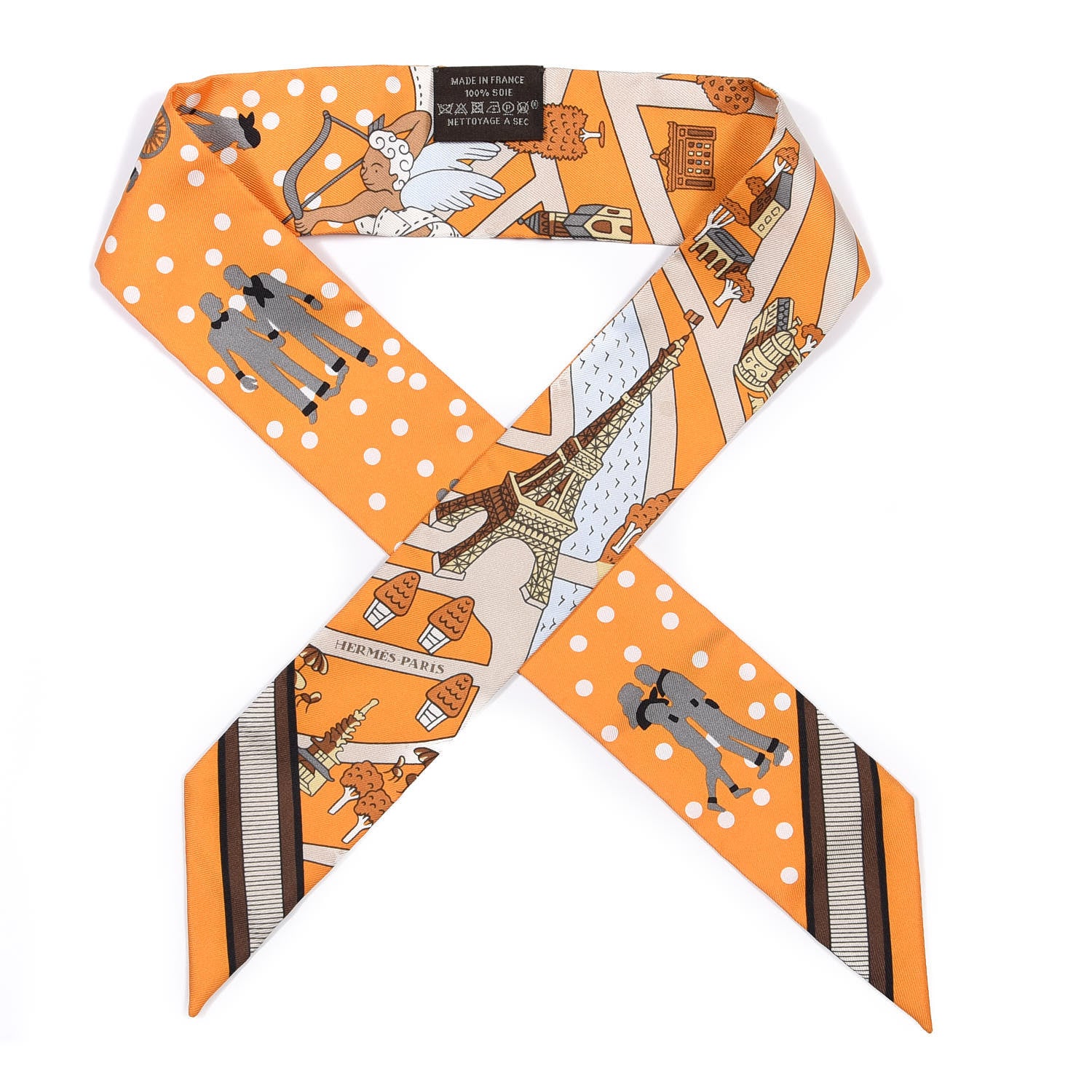Hermes Silk Les Nouveaux Amoureux de Paris Twilly Orange Ciel Beige 1 of 4