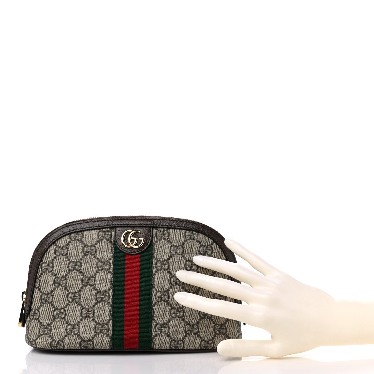 GG Supreme Monogram Textured Calfskin Web Large Ophidia Cosmetic Case Beige Ebony New Acero