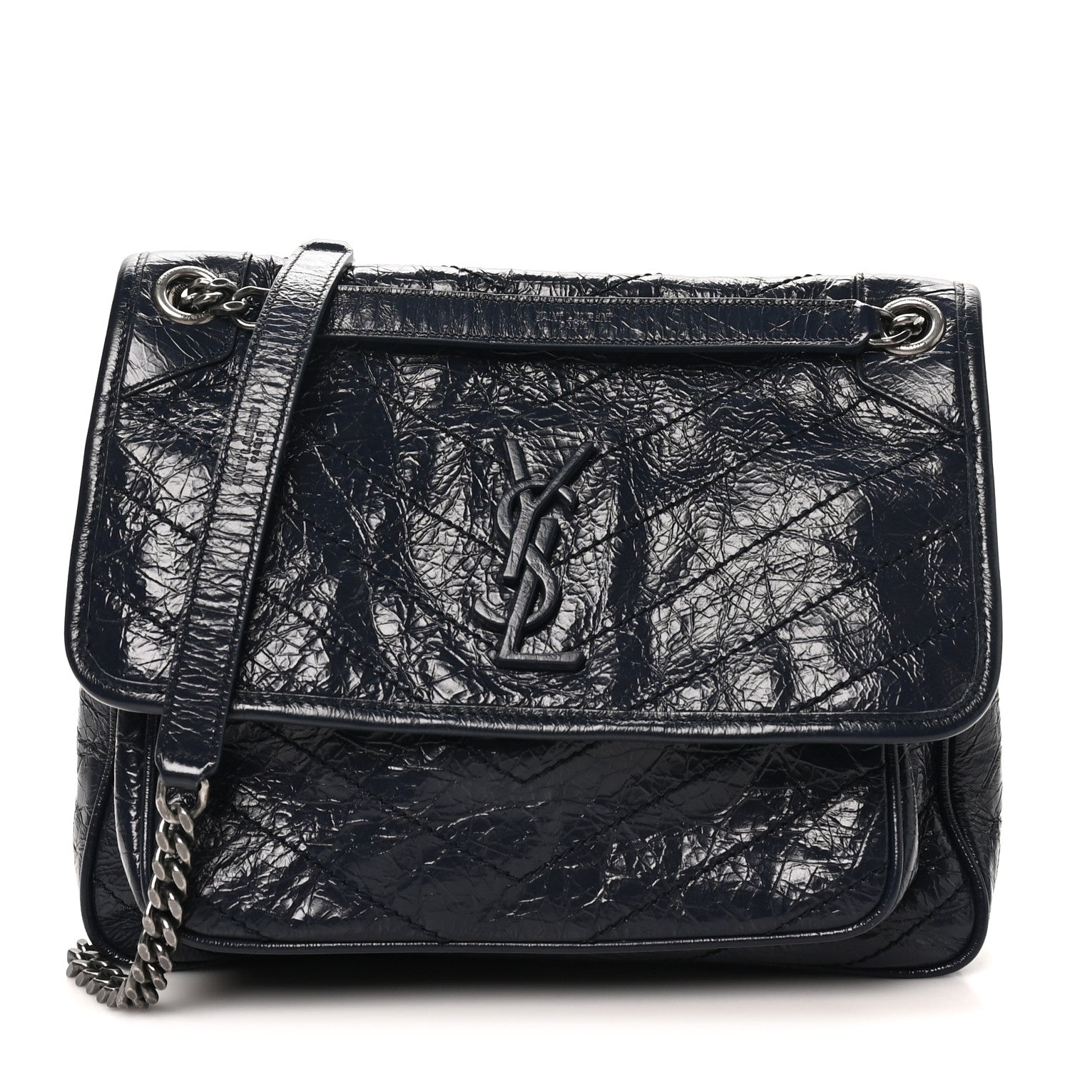 Saint Laurent Crinkled Calfskin Matelasse Monogram Medium Niki Chain Satchel Deep Marine 1 of 10