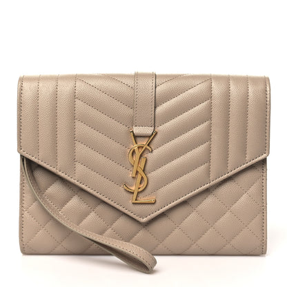 Saint Laurent Grain De Poudre Textured Mixed Matelasse Triquilt Monogram Clutch Dark Beige 1 of 11