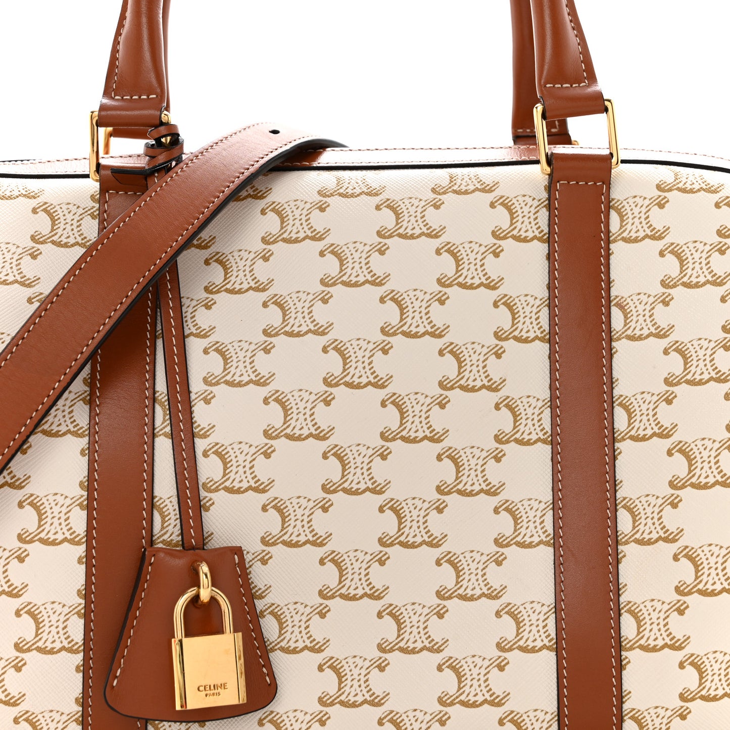 Triomphe Canvas Calfskin Boston Bag White