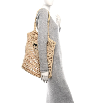 Prada Yarn Raffia Effect Crochet Logo Embroidered Tote Bag Naturale 2 of 9