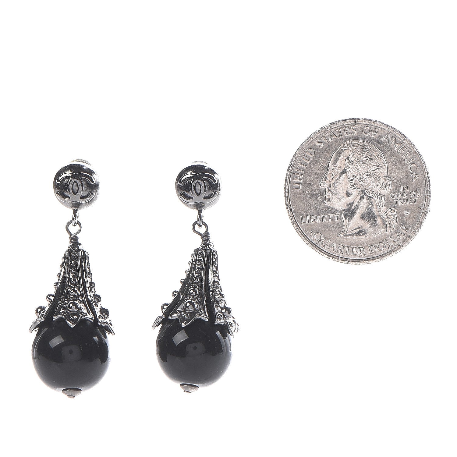 Chanel Ruthenium CC Bead Drop Earrings Black 2 of 5