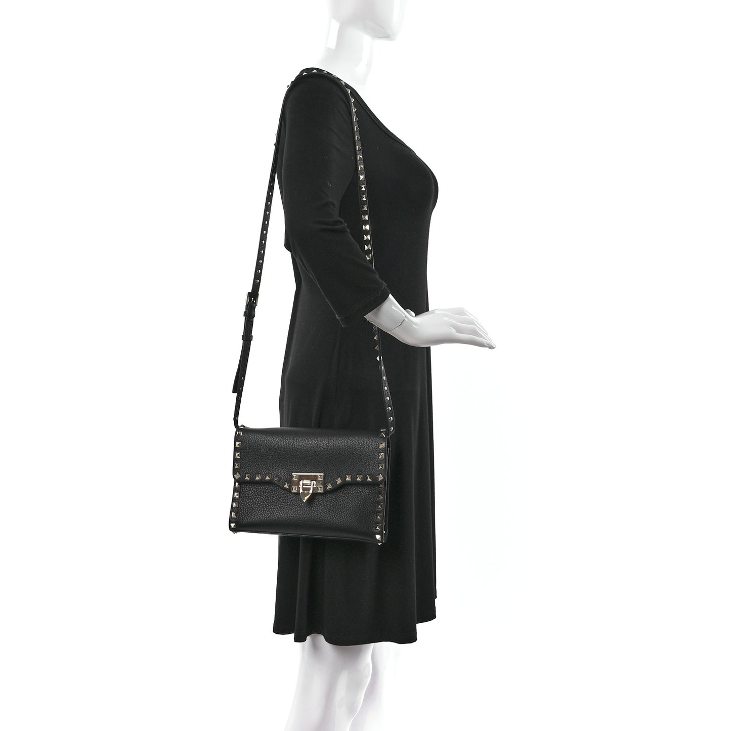 Pebbled Calfskin Medium Rockstud Flip Lock Crossbody Bag Black