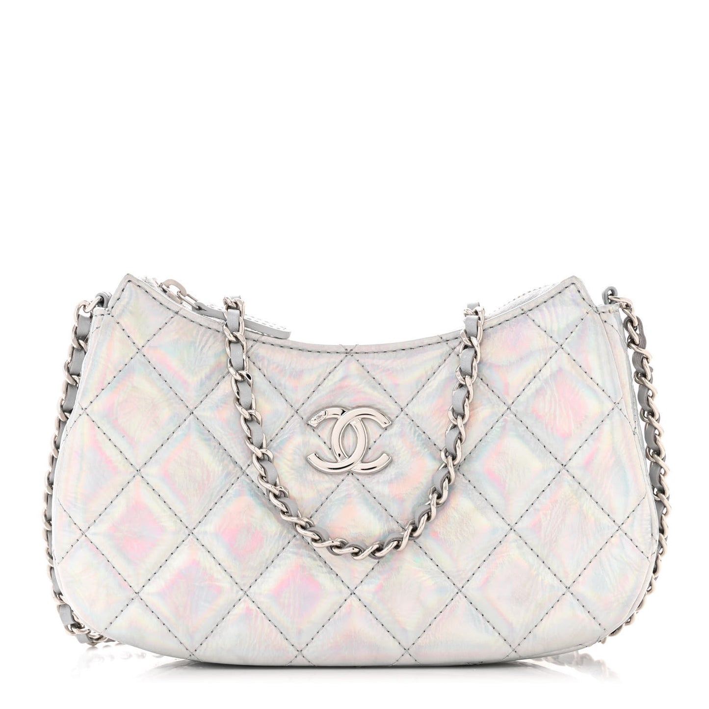 Iridescent Mirror Goatskin Quilted Clutch With Chain Silver