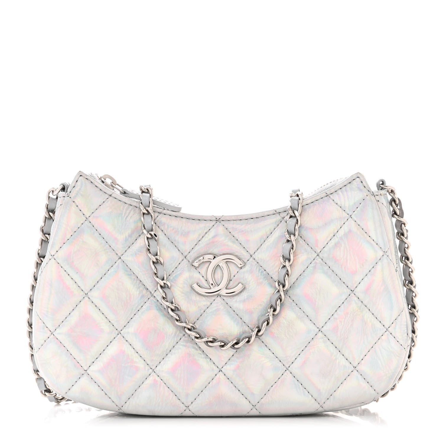 Chanel Iridescent Mirror Goatskin Quilted Clutch With Chain Silver 1 of 12