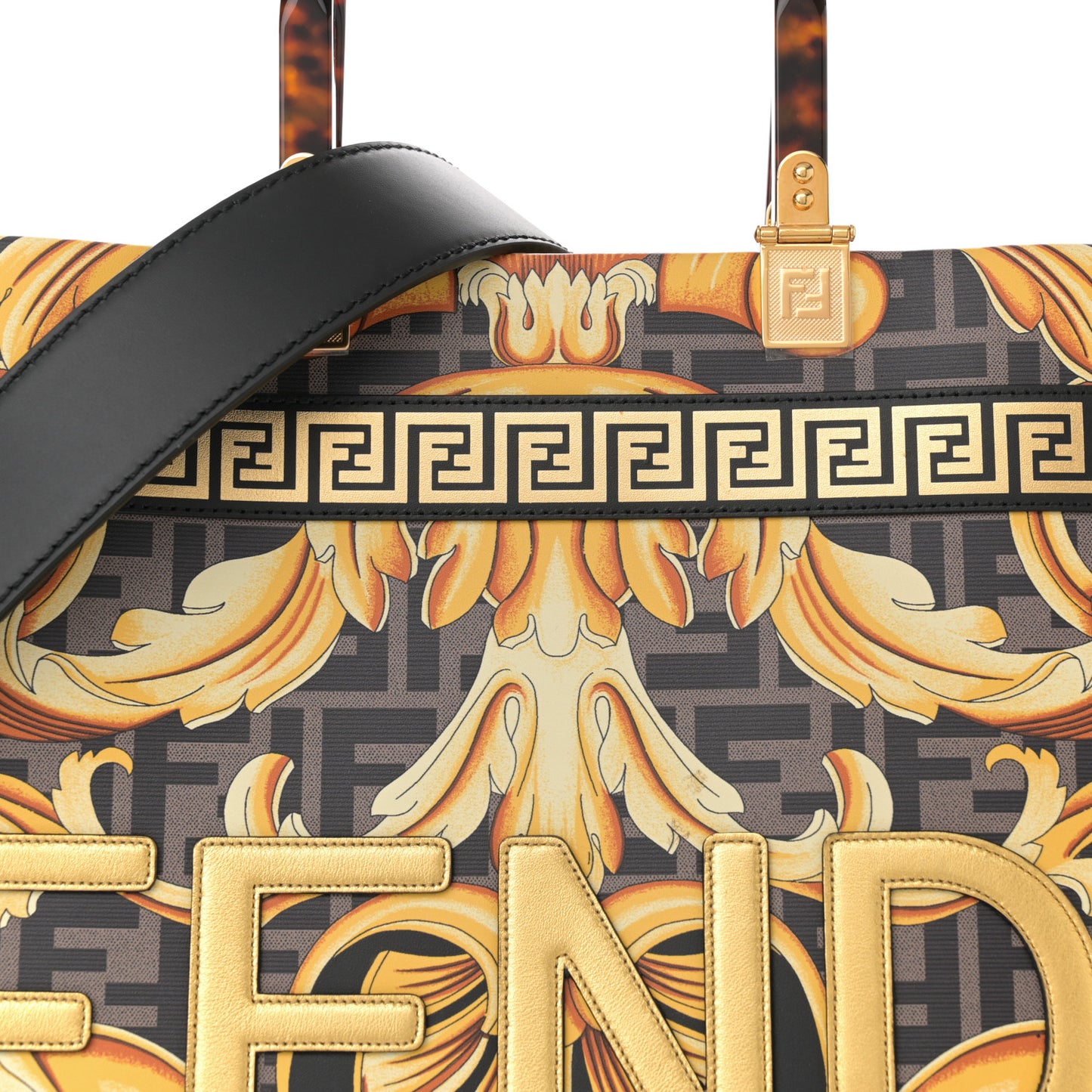 X VERSACE Calfskin Plexiglass Fendace FF Baroque Print Medium Fendi Sunshine Shopper Tote Black Gold