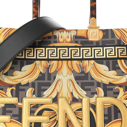 Fendi X VERSACE Calfskin Plexiglass Fendace FF Baroque Print Medium Fendi Sunshine Shopper Tote Black Gold 7 of 11