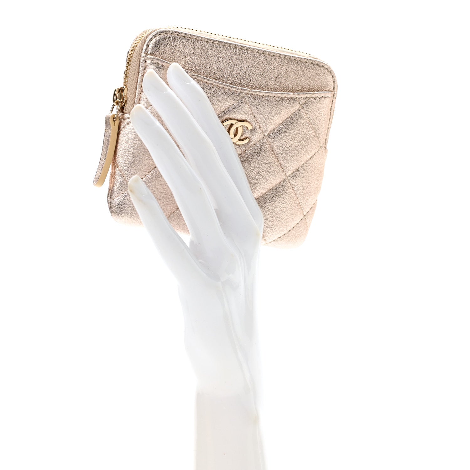 Chanel Metallic Lambskin Quilted Zip Card Holder Wallet Gold 2 of 8