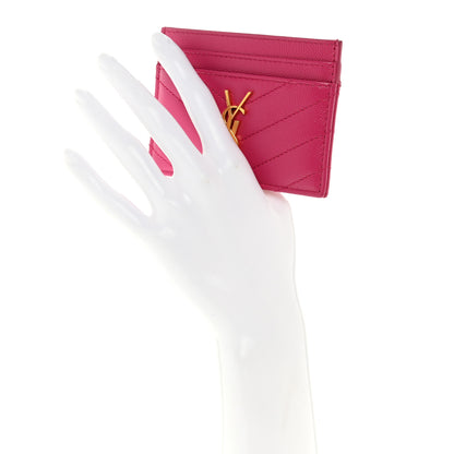 Saint Laurent Grain De Poudre Matelasse Chevron Monogram Credit Card Case Fresh Fuxia 2 of 8