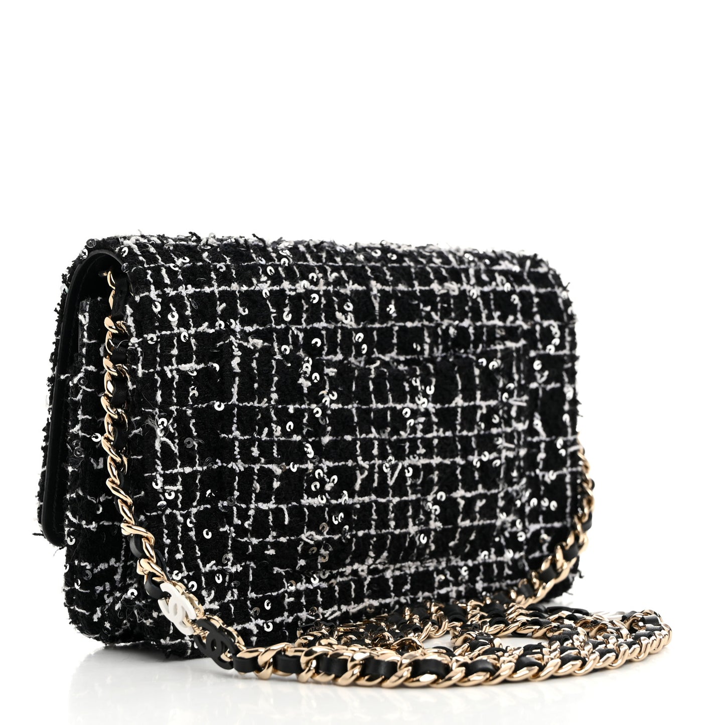 Tweed Sequin Quilted Wallet On Chain WOC Black White