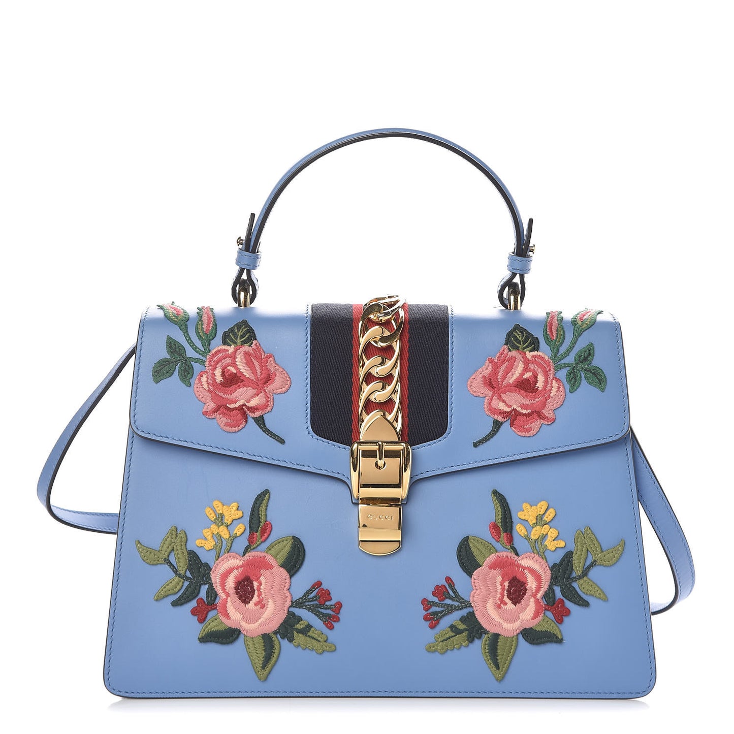 Calfskin Embroidered Medium Sylvie Top Handle Bag Clear Sky Blue