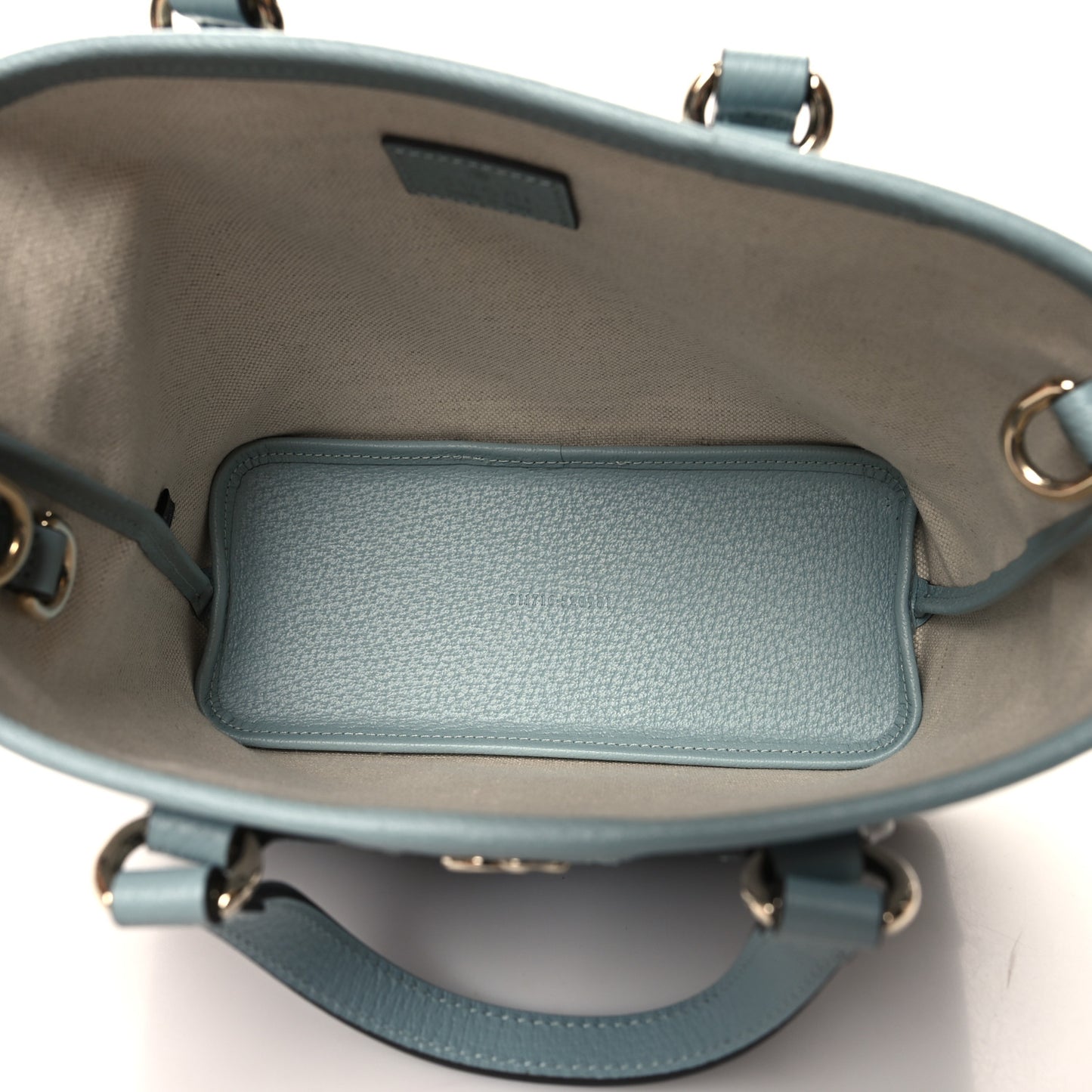GG Supreme Monogram Textured Dollar Calfskin Mini Ophidia Shoulder Tote Bag Dusty Blue