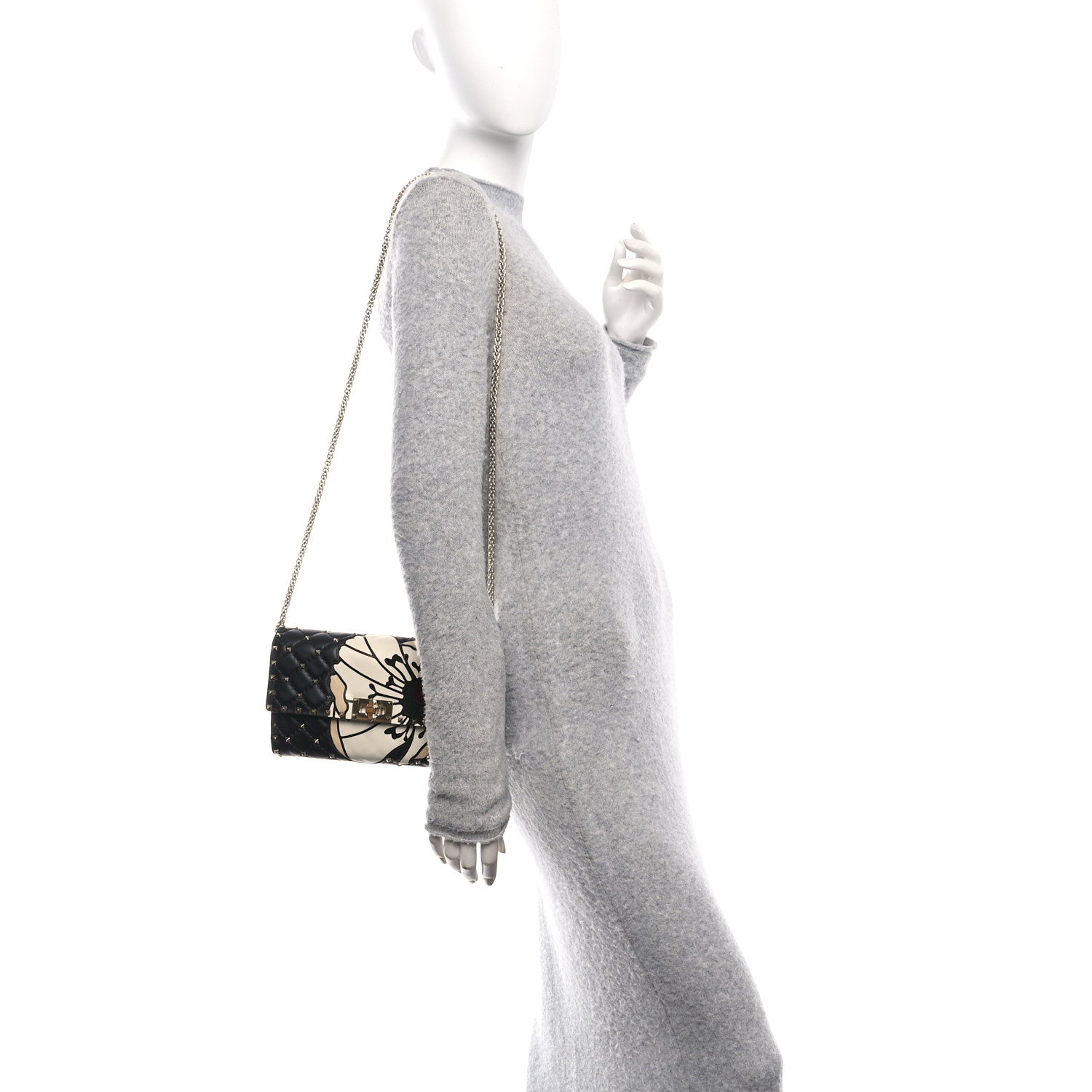 Valentino Garavani Nappa Rockstud Spike Flower Wallet on Chain Black Ivory 2 of 9