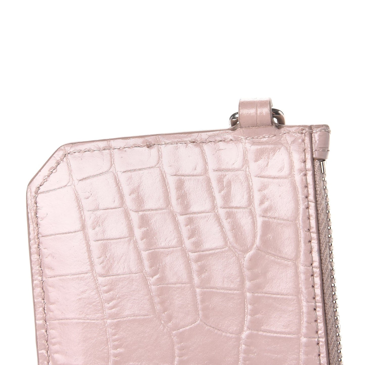 Calfskin Crocodile Embossed 5 Fragments Zip Pouch Card Holder Rose Antic