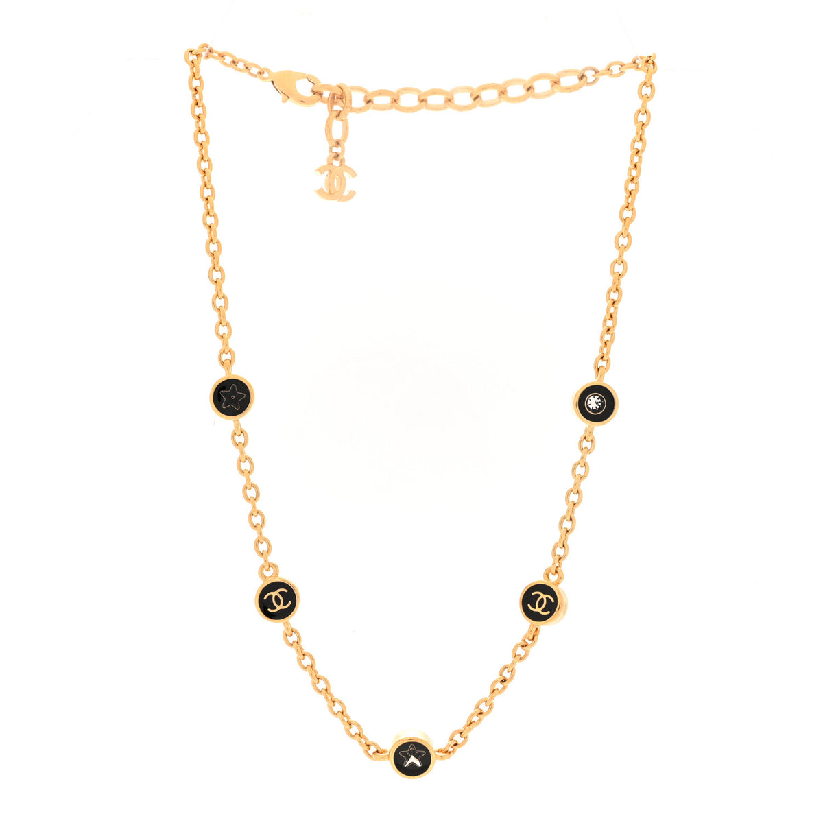 Metal Enamel CC Crystal Necklace Gold Black