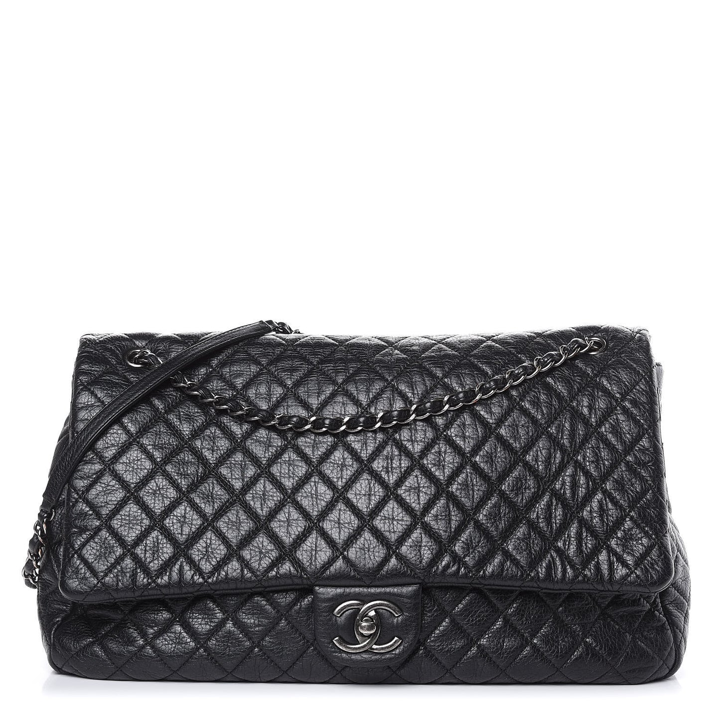 Calfskin Quilted XXL Travel Flap Bag Black