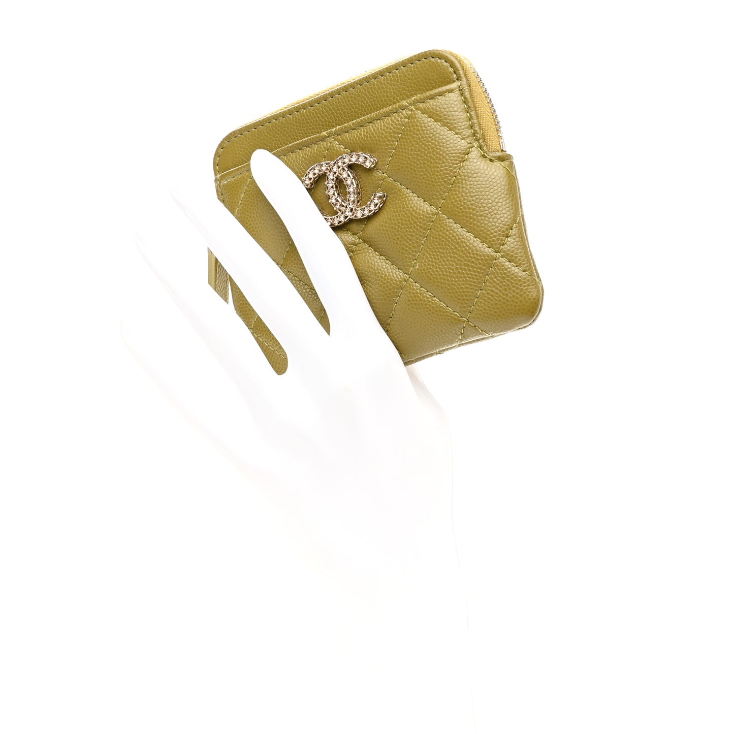 Caviar Quilted Crystal Zip Card Holder Wallet Green