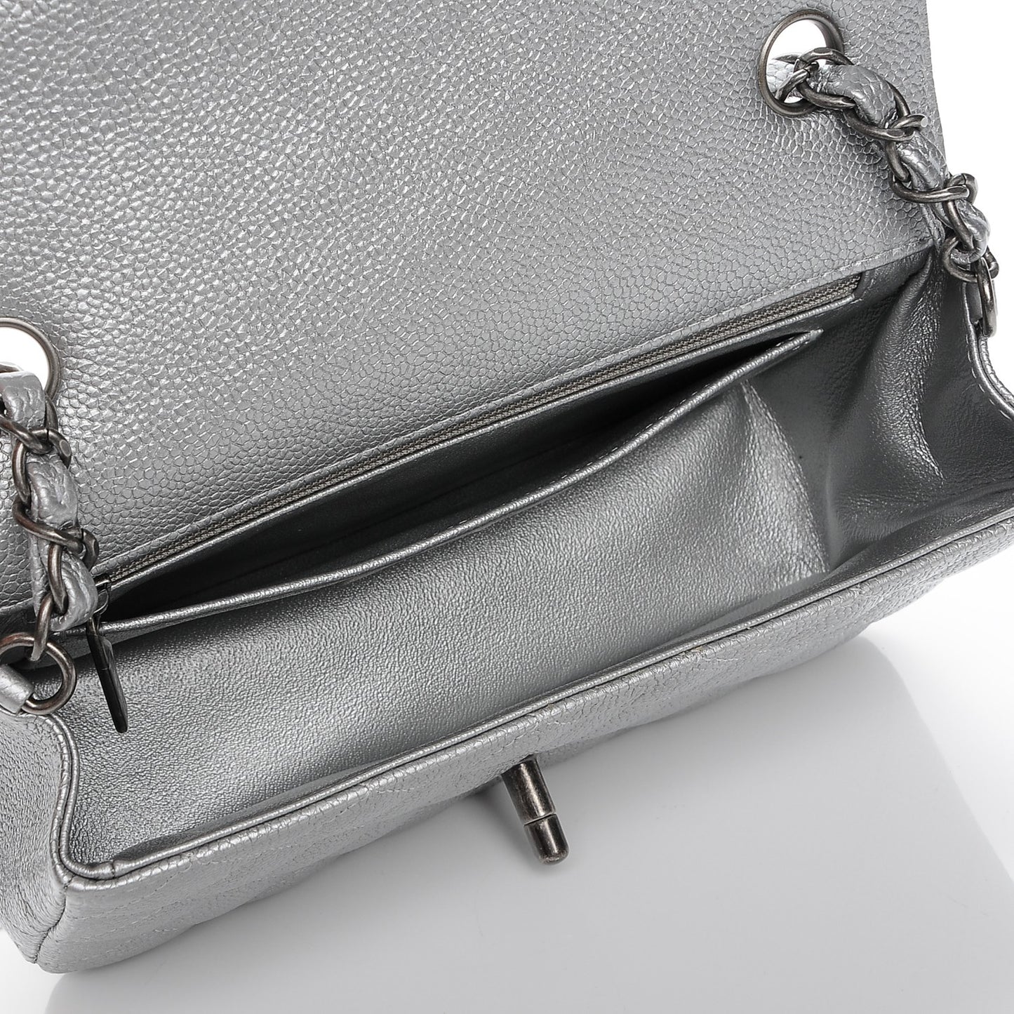 Metallic Caviar Quilted Mini Rectangular Flap Silver