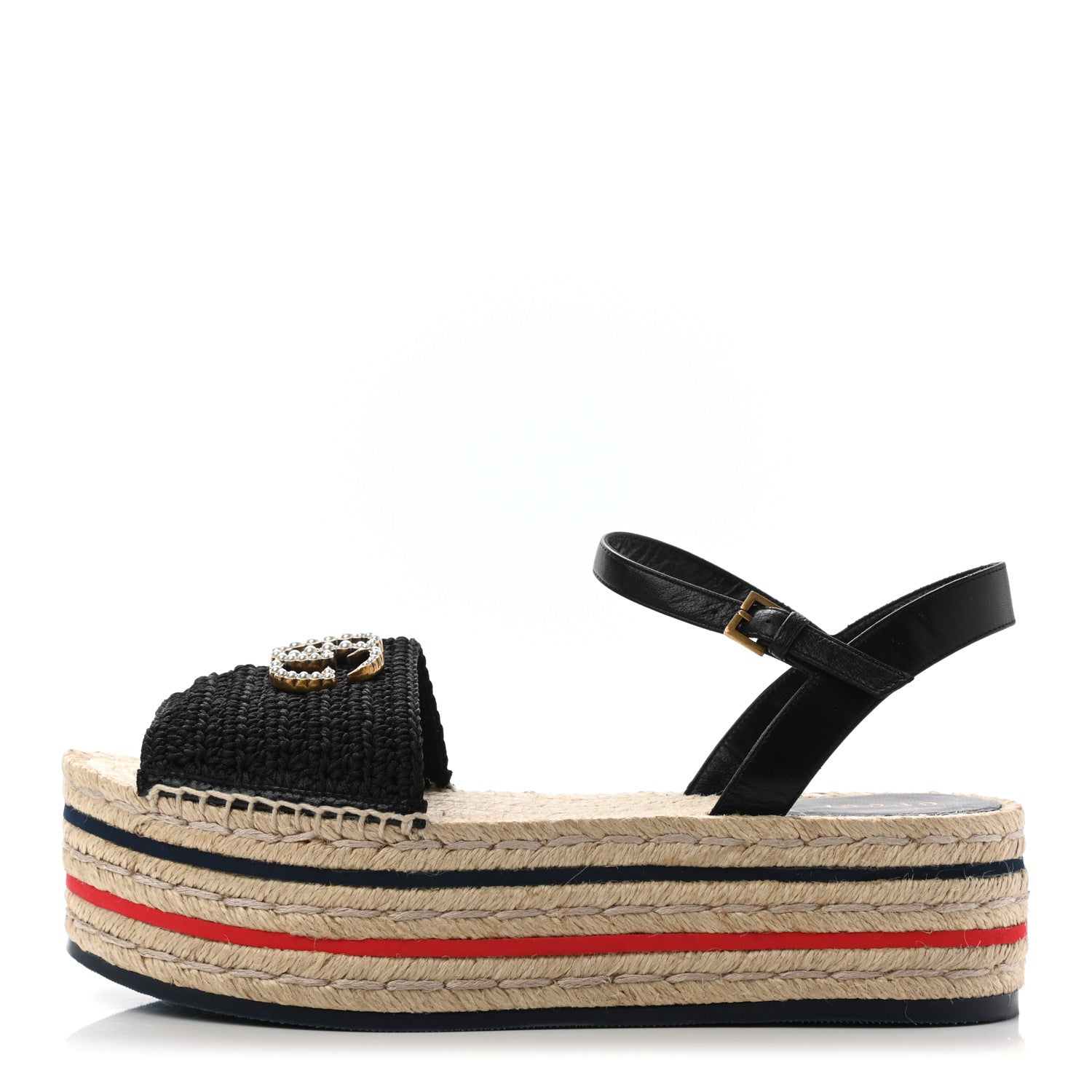 Gucci Cotton Malaga Kid Crochet Pearly GG Lilibeth Espadrille Platform Sandals 39.5 Black 1 of 8