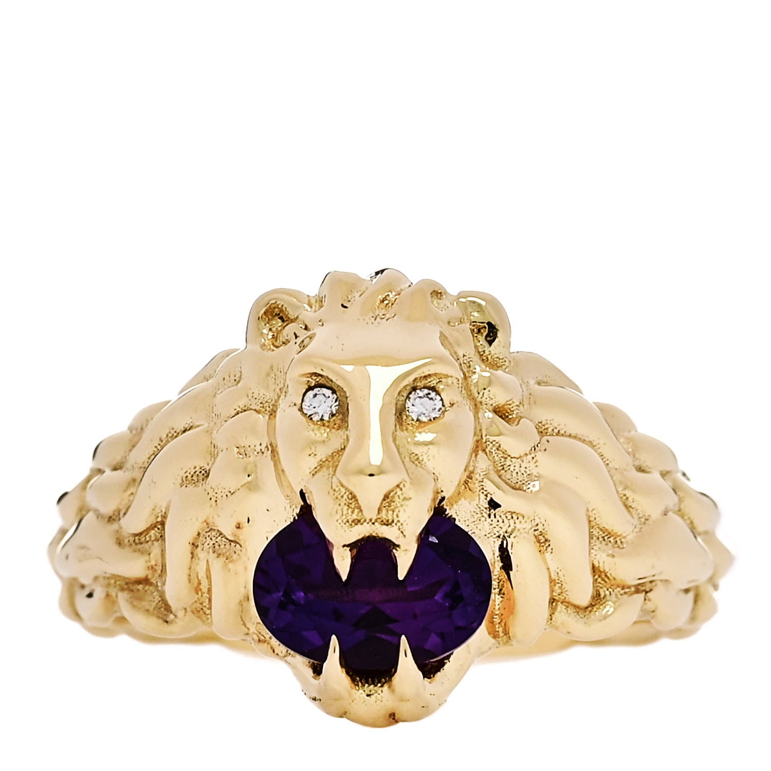 Gucci 18K Yellow Gold Diamond Amethyst Lion Head Ring 53 6.25 1 of 5