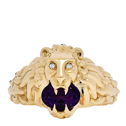 Gucci 18K Yellow Gold Diamond Amethyst Lion Head Ring 53 6.25 1 of 5