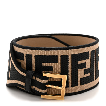 Fendi Canvas Ricamo Vitello King Embroidered FF Fish Eye Waist Belt 80 32 Sand Black 1 of 3