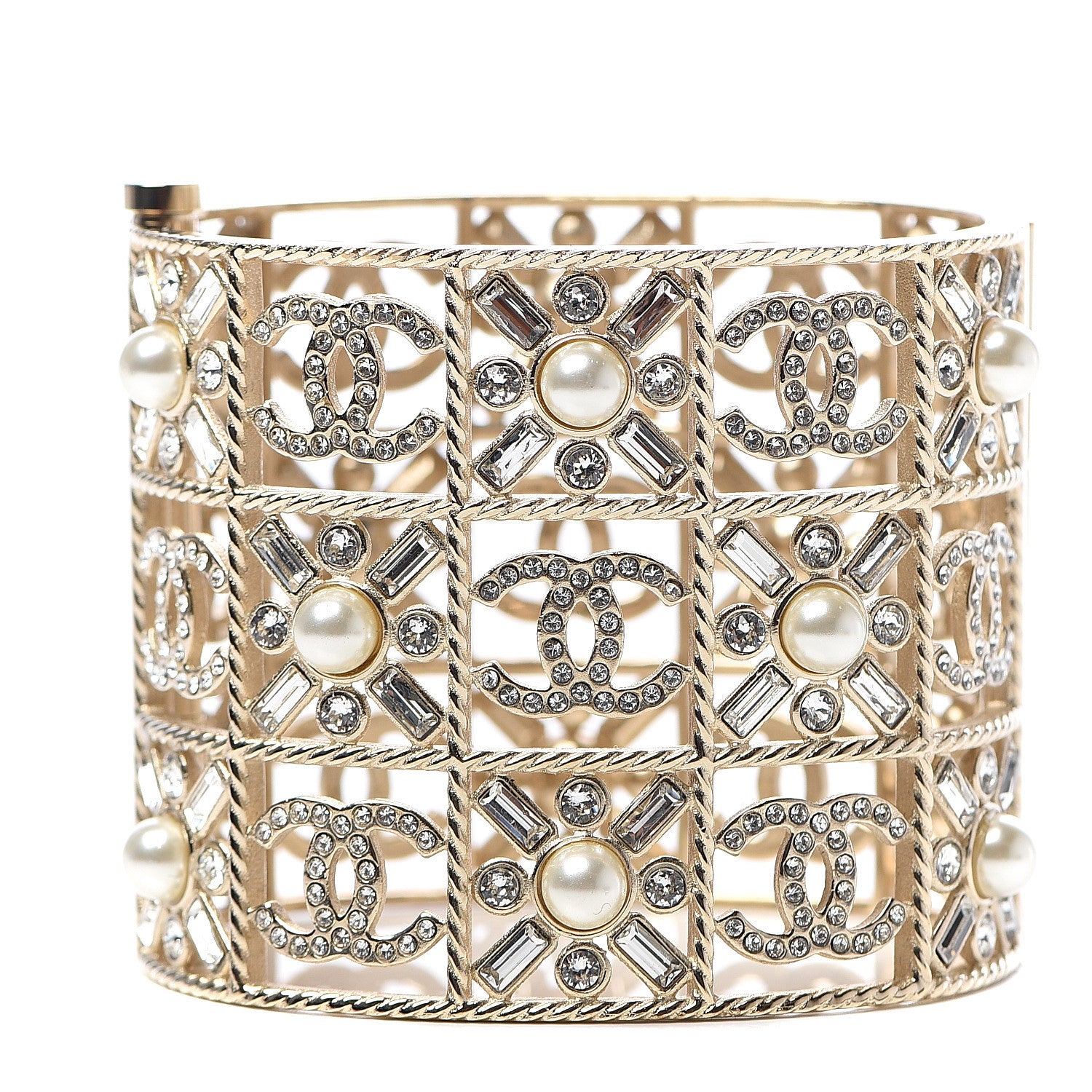 Chanel Crystal Pearl CC Cuff Bracelet Gold 1 of 5