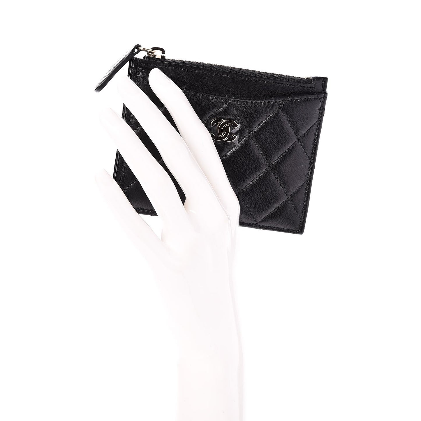 Lambskin Quilted Zip Card Holder Black
