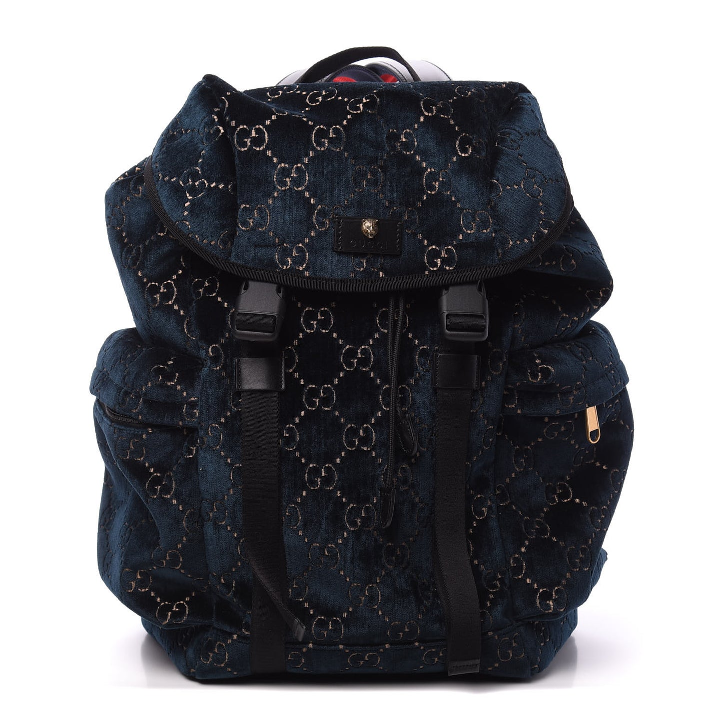 Velvet GG Monogram Web Medium Double Buckle Backpack Blue Beige Black