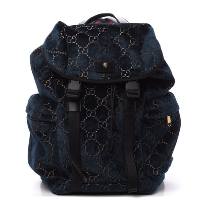 Gucci Velvet GG Monogram Web Medium Double Buckle Backpack Blue Beige Black 1 of 9