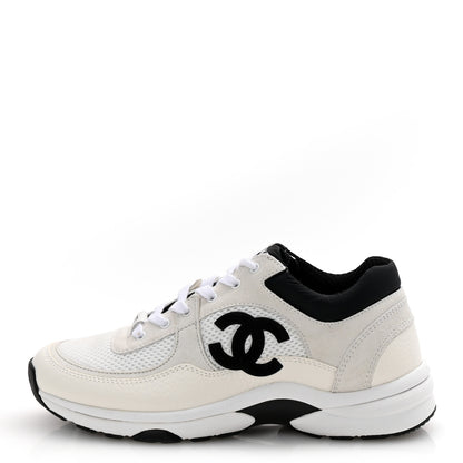 Chanel Mesh Suede Calfskin Grained Calfskin Womens CC Sneakers 37.5 White Black 1 of 10