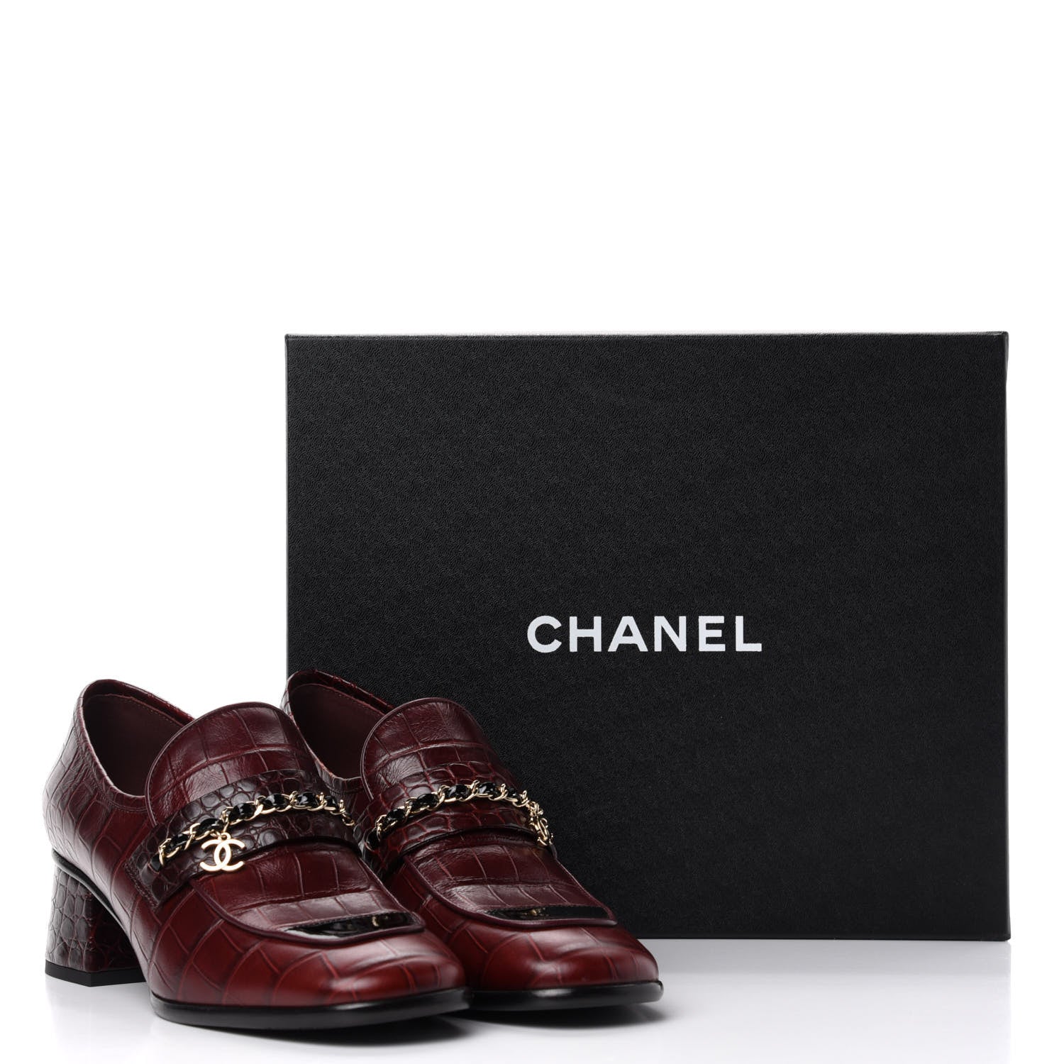 Chanel Crocodile Embossed Calfskin CC Chain Mocassin Loafers 39 Burgundy Black 11 of 11